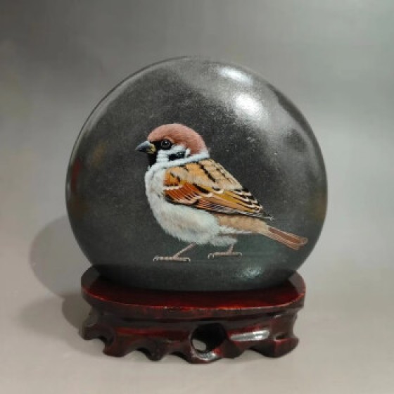 Handcrafted sparrow stone painting decorative art piece, intangible cultural heritage handiwork