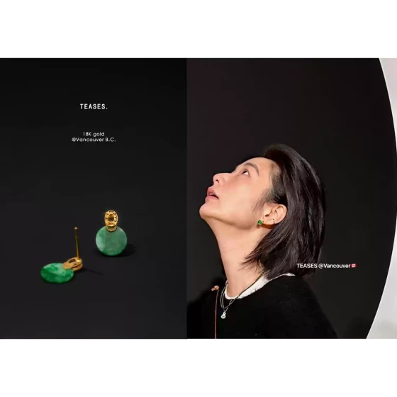 若奈珠宝新年黄金翡翠/平安无事牌18K金镶玉“戏玲珑”新中式耳钉