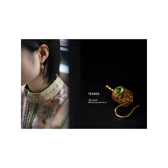 若奈戏玲珑 18K黄金镂空转金筒耳环东方美人贵气新中式翡翠耳钉