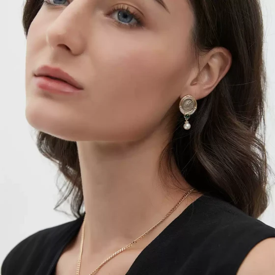 爱琴海余音|925银镀金仿古币耳坠阿波罗天然珍珠耳钉淡水珠