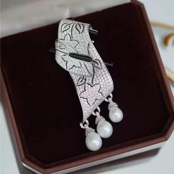 925银镀金天然淡水珍珠胸针搭配西装正装裙子