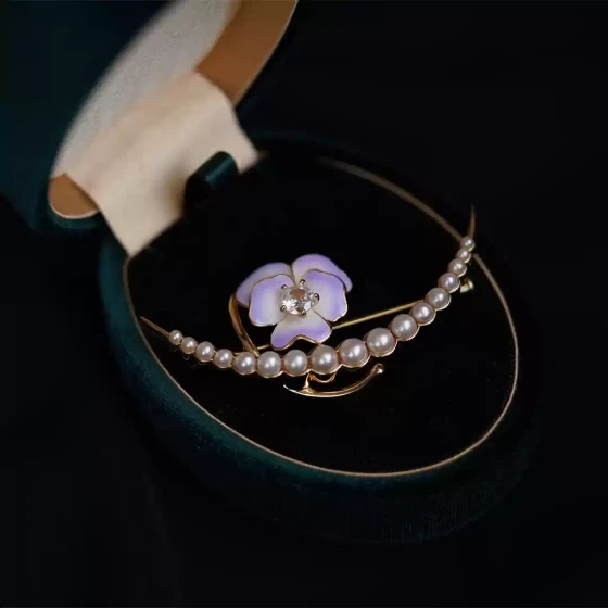 喻棠italks|月半弯|925银镀金花朵淡水珍珠胸针珐琅渐变