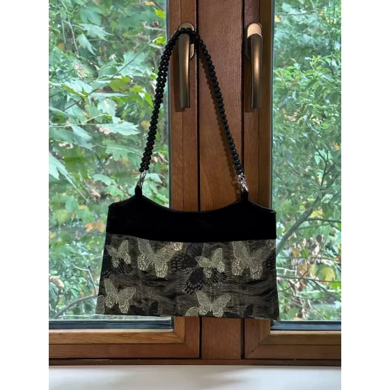 八井octsui【鎏金蝴蝶】黑金提花丝绒拼接亚克力串珠单肩手提包包