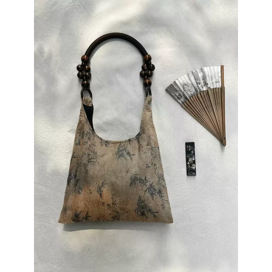 八井octsui【湫竹】新中式水纹竹叶印花禅意感气质单肩手提布包袋