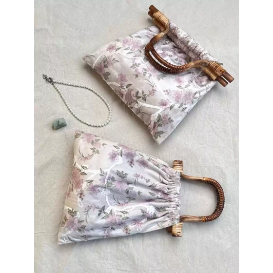 八井octsui丨春在桃花 新中式温柔淡粉气质百搭藤编手提布包袋